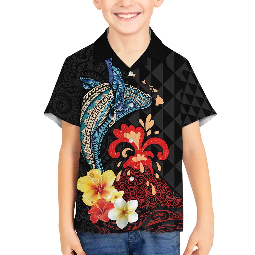 Hawaiian Whale and Volcanic Eruption Family Matching Off Shoulder Maxi Dress and Hawaiian Shirt Hibiscus and Kakau Pattern LT03 Son's Shirt Black - Polynesian Pride