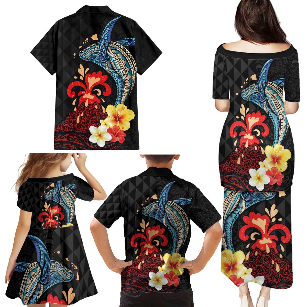 Hawaiian Whale and Volcanic Eruption Family Matching Puletasi and Hawaiian Shirt Hibiscus and Kakau Pattern