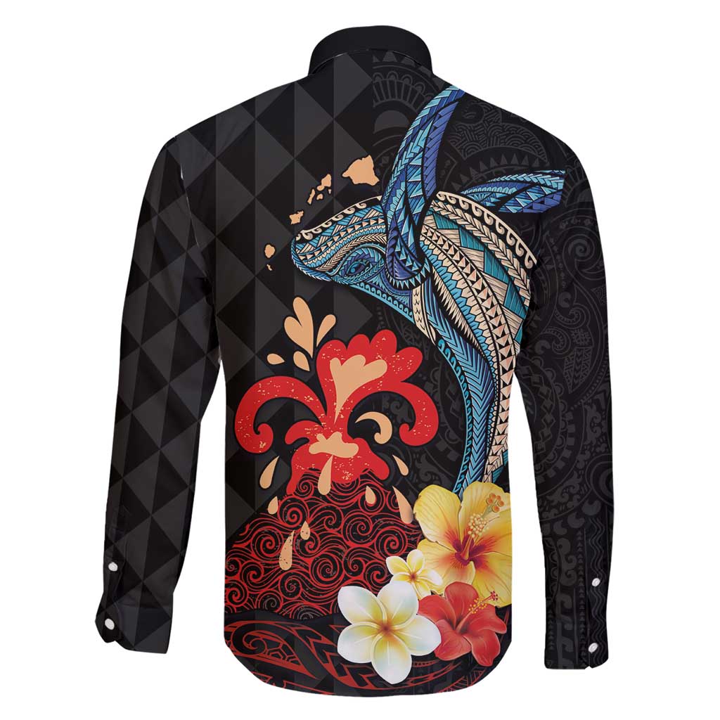 Hawaiian Whale and Volcanic Eruption Family Matching Short Sleeve Bodycon Dress and Hawaiian Shirt Hibiscus and Kakau Pattern
