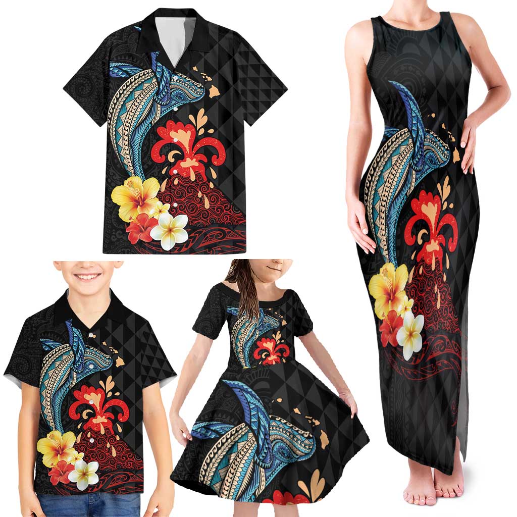 Hawaiian Whale and Volcanic Eruption Family Matching Tank Maxi Dress and Hawaiian Shirt Hibiscus and Kakau Pattern