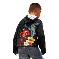Hawaiian Whale and Volcanic Eruption Kid Hoodie Hibiscus and Kakau Pattern