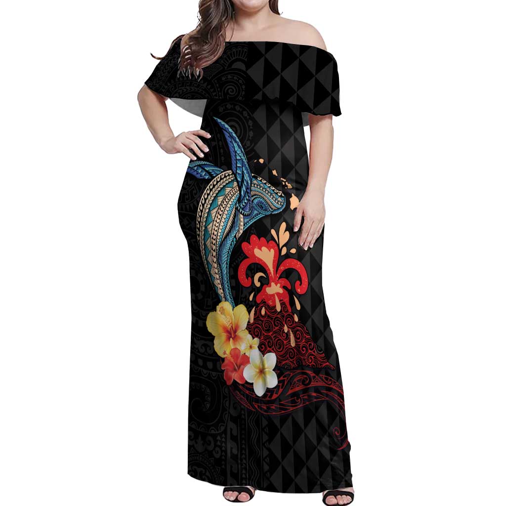 Hawaiian Whale and Volcanic Eruption Off Shoulder Maxi Dress Hibiscus and Kakau Pattern