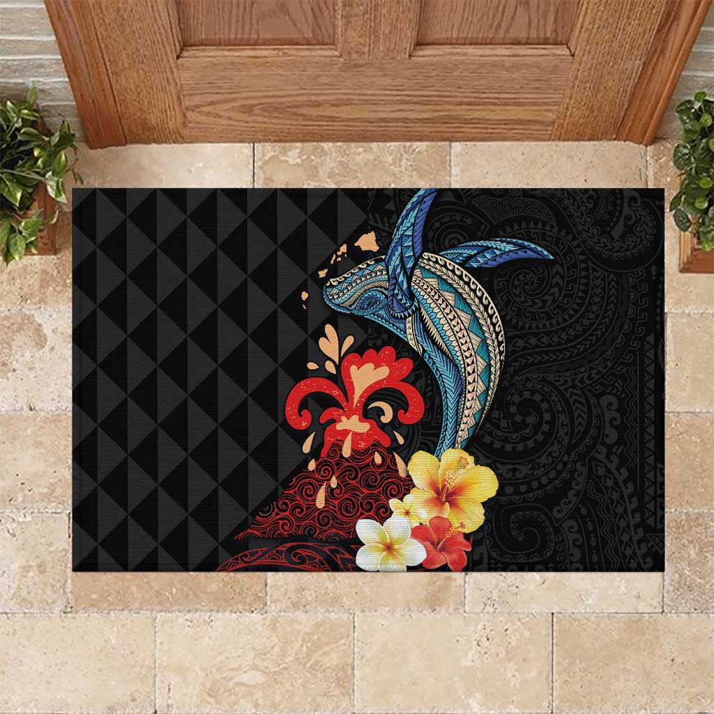 Hawaiian Whale and Volcanic Eruption Rubber Doormat Hibiscus and Kakau Pattern