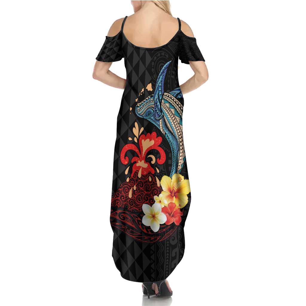 Hawaiian Whale and Volcanic Eruption Summer Maxi Dress Hibiscus and Kakau Pattern