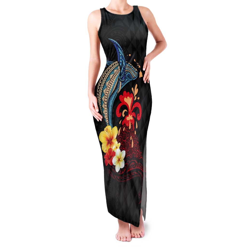 Hawaiian Whale and Volcanic Eruption Tank Maxi Dress Hibiscus and Kakau Pattern
