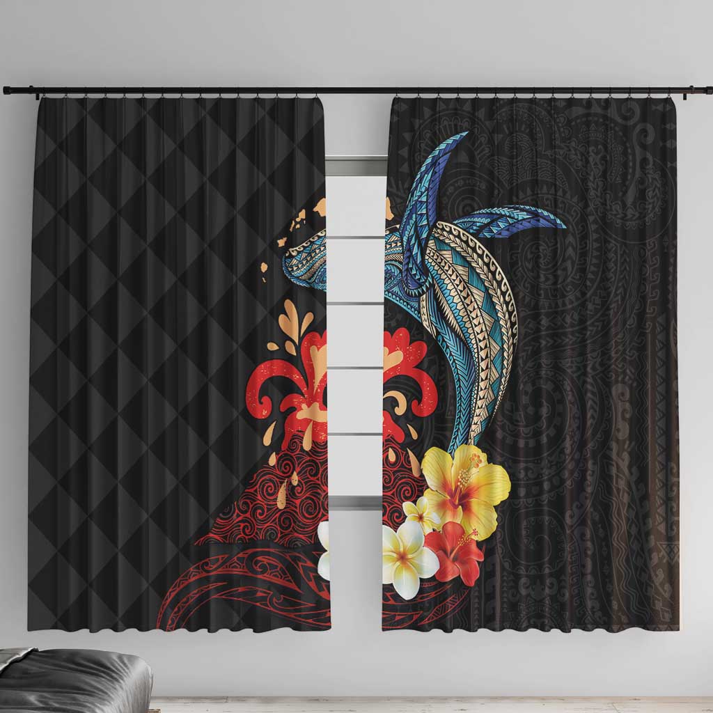 Hawaiian Whale and Volcanic Eruption Window Curtain Hibiscus and Kakau Pattern