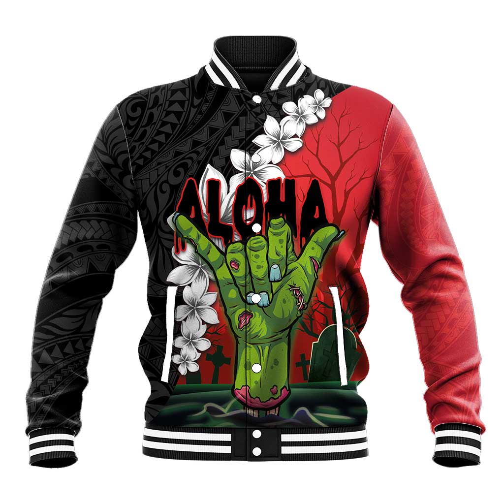 Hawaiian Halloween Baseball Jacket Horror Shaka Hand with Plumeria and Polynesian Tattoo Blood Color