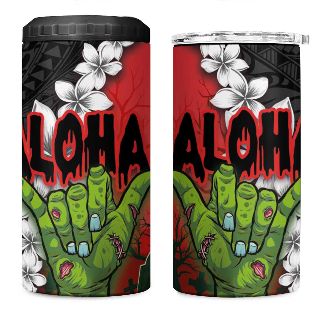Hawaiian Halloween 4 in 1 Can Cooler Tumbler Horror Shaka Hand with Plumeria and Polynesian Tattoo Blood Color