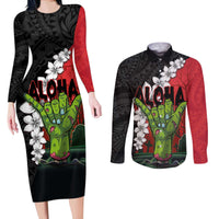 Hawaiian Halloween Couples Matching Long Sleeve Bodycon Dress and Long Sleeve Button Shirt Horror Shaka Hand with Plumeria and Polynesian Tattoo Blood Color