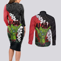 Hawaiian Halloween Couples Matching Long Sleeve Bodycon Dress and Long Sleeve Button Shirt Horror Shaka Hand with Plumeria and Polynesian Tattoo Blood Color