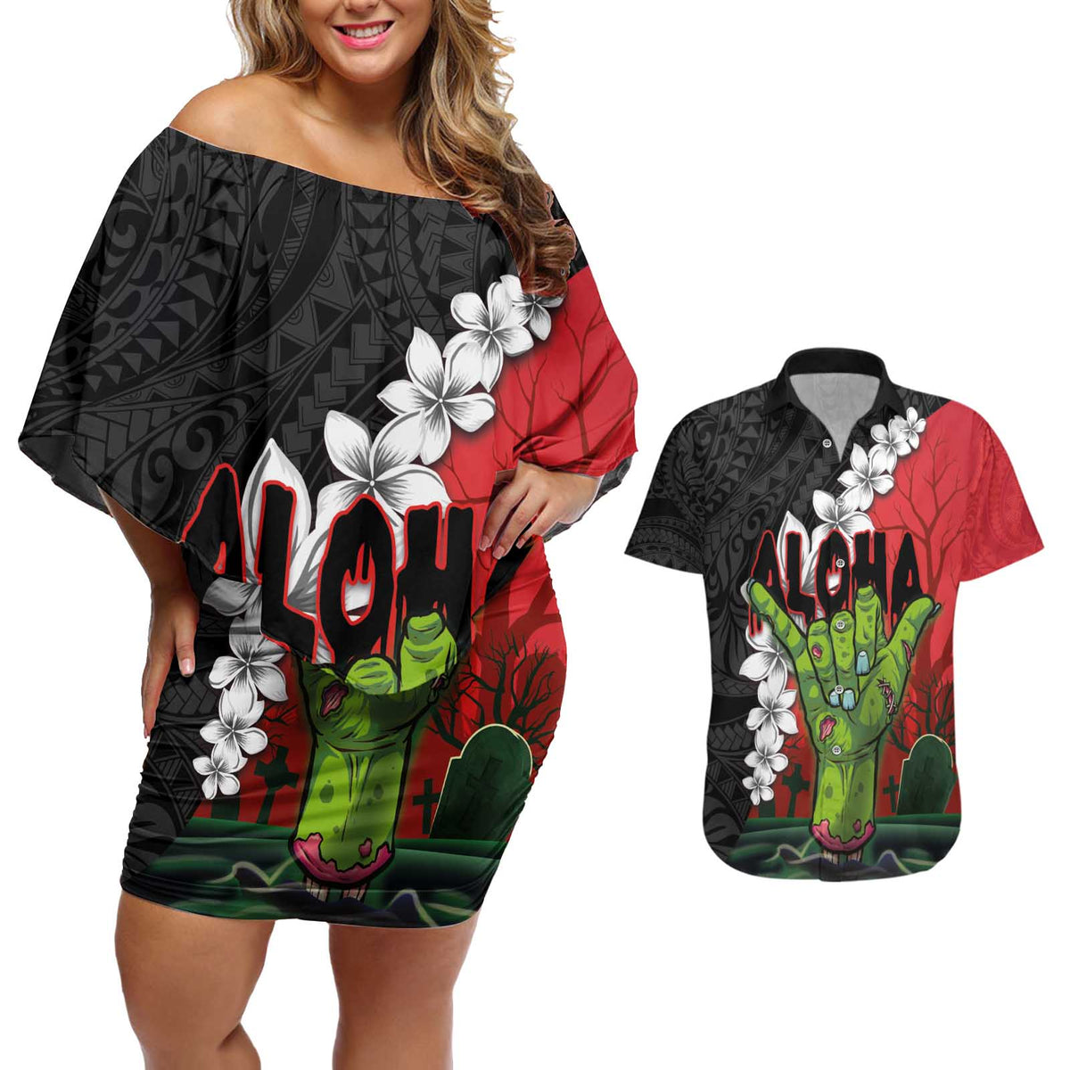 Hawaiian Halloween Couples Matching Off Shoulder Short Dress and Hawaiian Shirt Horror Shaka Hand with Plumeria and Polynesian Tattoo Blood Color