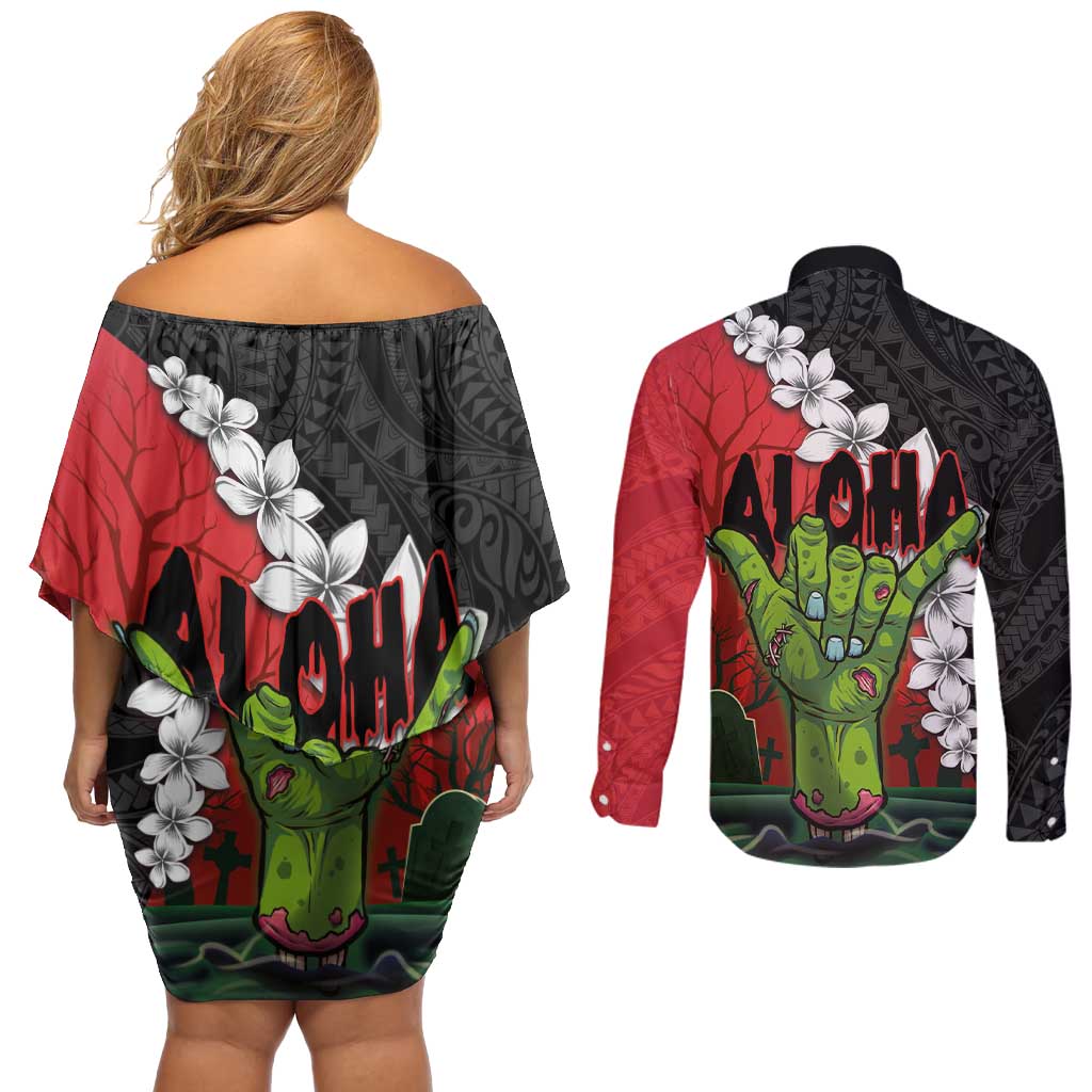 Hawaiian Halloween Couples Matching Off Shoulder Short Dress and Long Sleeve Button Shirt Horror Shaka Hand with Plumeria and Polynesian Tattoo Blood Color