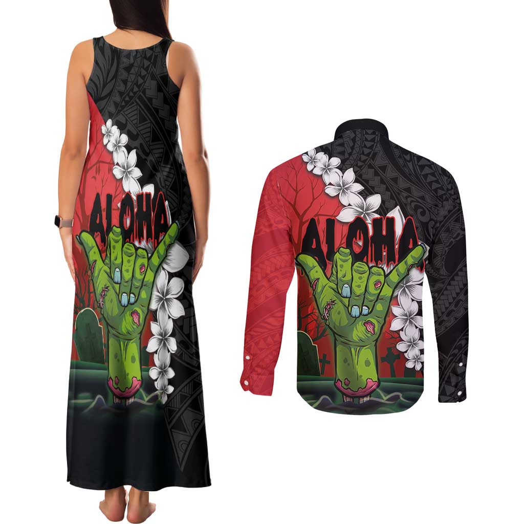 Hawaiian Halloween Couples Matching Tank Maxi Dress and Long Sleeve Button Shirt Horror Shaka Hand with Plumeria and Polynesian Tattoo Blood Color