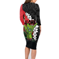 Hawaiian Halloween Family Matching Long Sleeve Bodycon Dress and Hawaiian Shirt Horror Shaka Hand with Plumeria and Polynesian Tattoo Blood Color