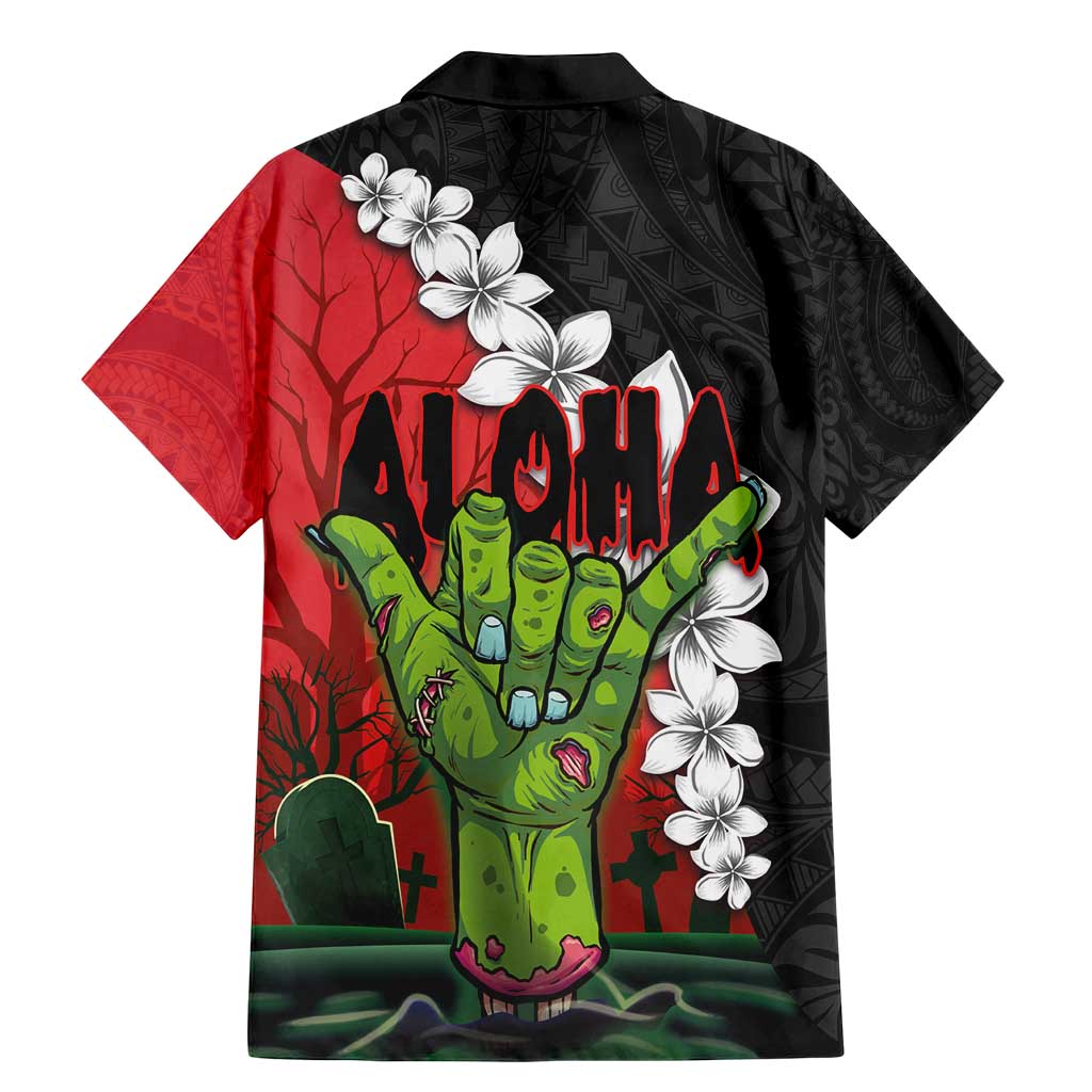 Hawaiian Halloween Family Matching Mermaid Dress and Hawaiian Shirt Horror Shaka Hand with Plumeria and Polynesian Tattoo Blood Color