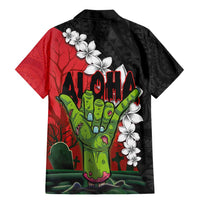 Hawaiian Halloween Family Matching Mermaid Dress and Hawaiian Shirt Horror Shaka Hand with Plumeria and Polynesian Tattoo Blood Color