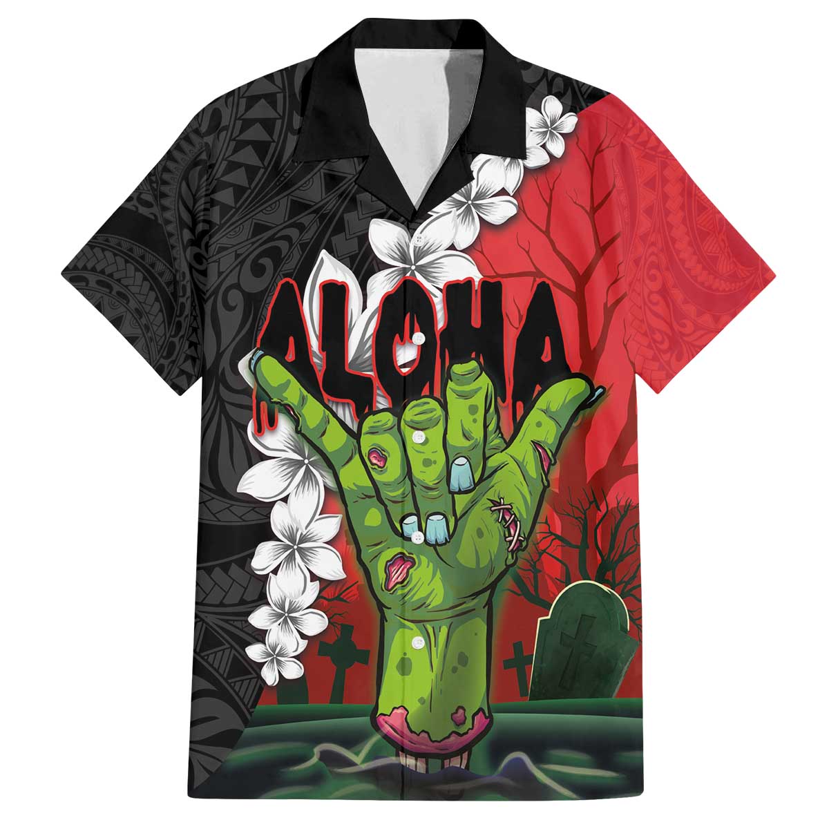 Hawaiian Halloween Family Matching Puletasi and Hawaiian Shirt Horror Shaka Hand with Plumeria and Polynesian Tattoo Blood Color