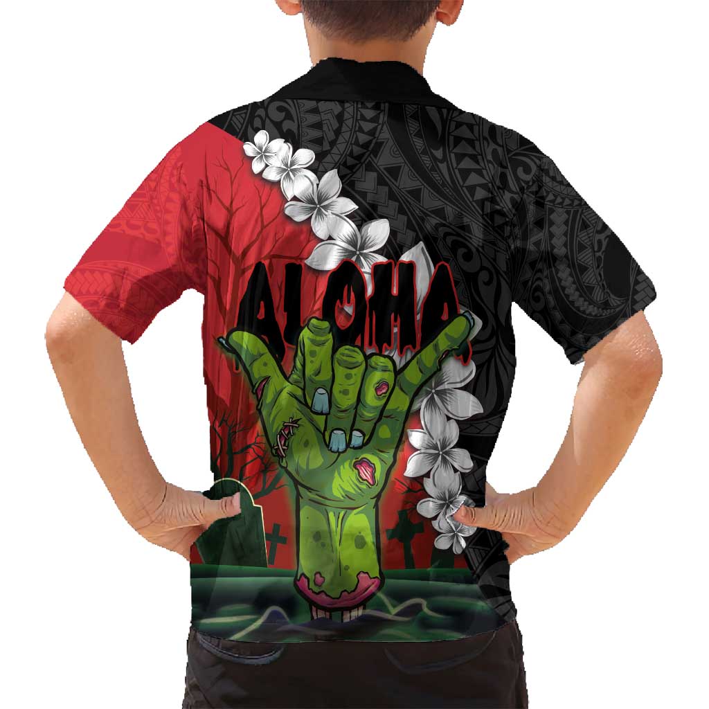 Hawaiian Halloween Family Matching Summer Maxi Dress and Hawaiian Shirt Horror Shaka Hand with Plumeria and Polynesian Tattoo Blood Color LT03 - Polynesian Pride