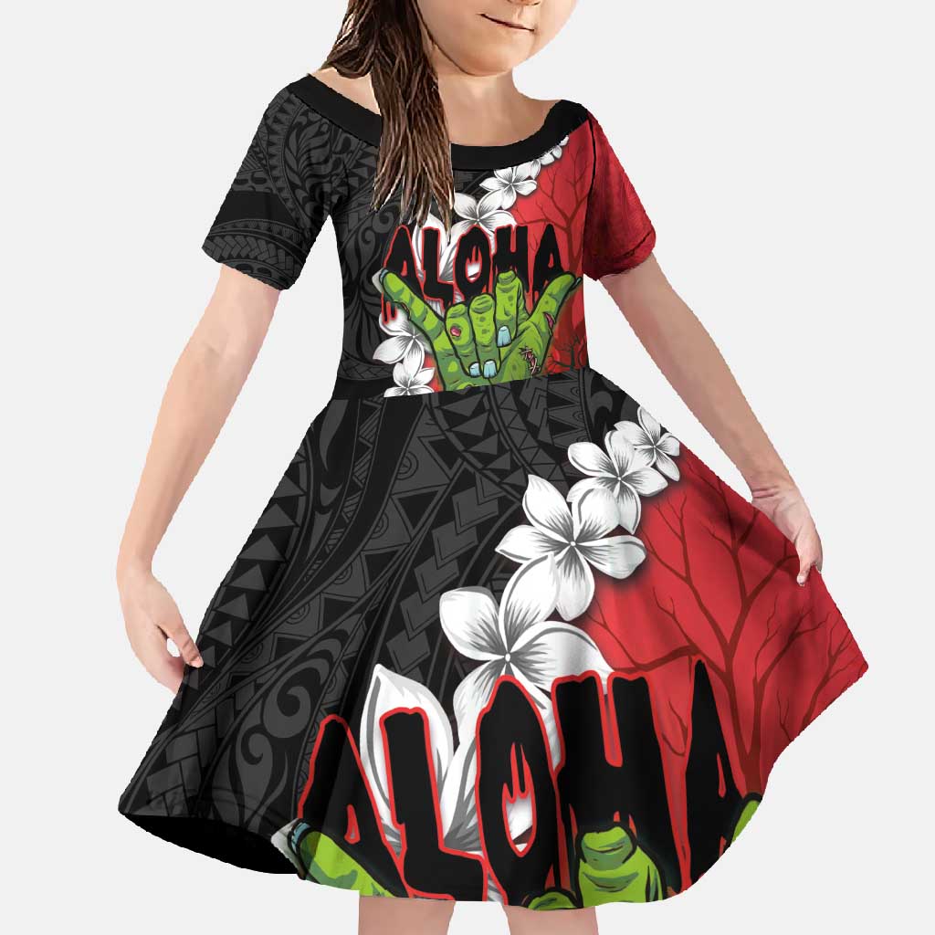Hawaiian Halloween Family Matching Summer Maxi Dress and Hawaiian Shirt Horror Shaka Hand with Plumeria and Polynesian Tattoo Blood Color LT03 Daughter's Dress Red - Polynesian Pride