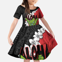 Hawaiian Halloween Family Matching Summer Maxi Dress and Hawaiian Shirt Horror Shaka Hand with Plumeria and Polynesian Tattoo Blood Color LT03 Daughter's Dress Red - Polynesian Pride