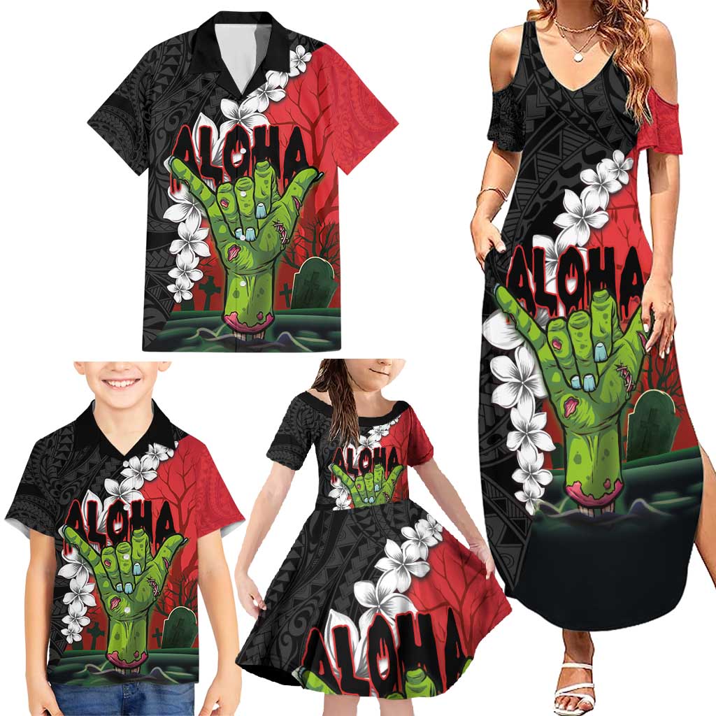 Hawaiian Halloween Family Matching Summer Maxi Dress and Hawaiian Shirt Horror Shaka Hand with Plumeria and Polynesian Tattoo Blood Color LT03 - Polynesian Pride