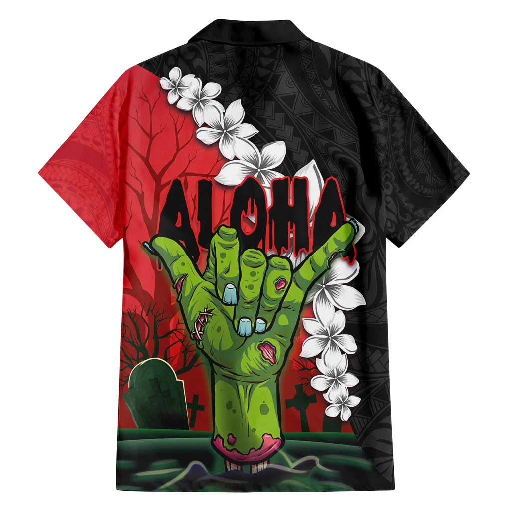 Hawaiian Halloween Family Matching Summer Maxi Dress and Hawaiian Shirt Horror Shaka Hand with Plumeria and Polynesian Tattoo Blood Color LT03 - Polynesian Pride