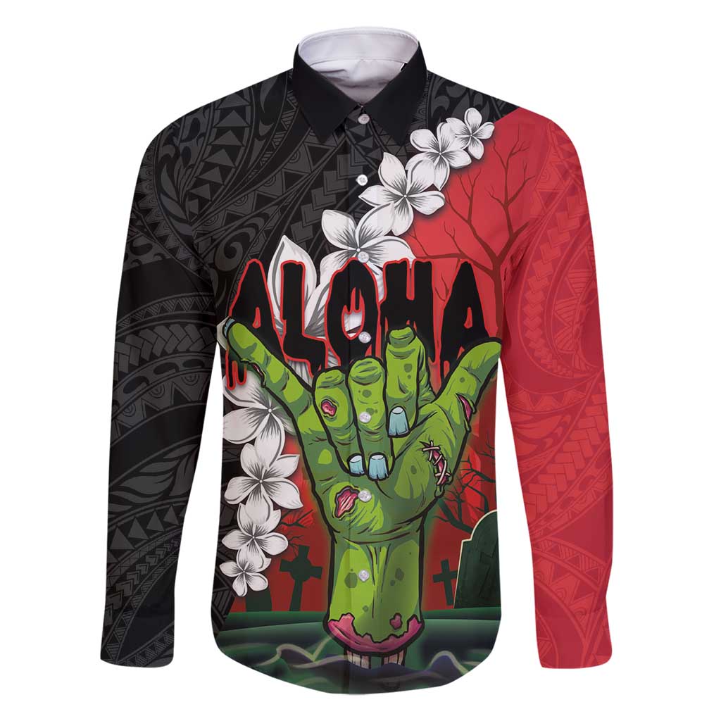 Hawaiian Halloween Family Matching Summer Maxi Dress and Hawaiian Shirt Horror Shaka Hand with Plumeria and Polynesian Tattoo Blood Color LT03 Dad's Shirt - Long Sleeve Red - Polynesian Pride
