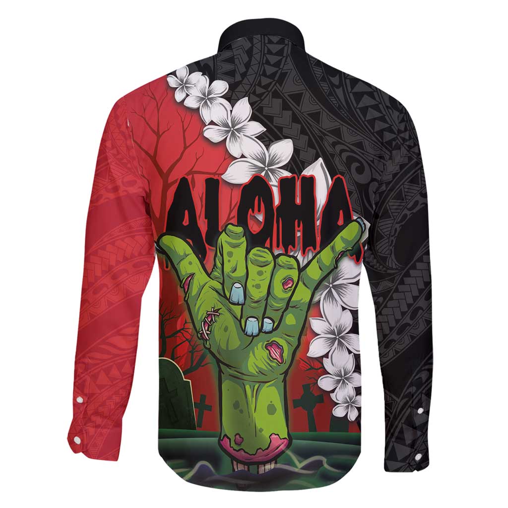 Hawaiian Halloween Family Matching Summer Maxi Dress and Hawaiian Shirt Horror Shaka Hand with Plumeria and Polynesian Tattoo Blood Color LT03 - Polynesian Pride