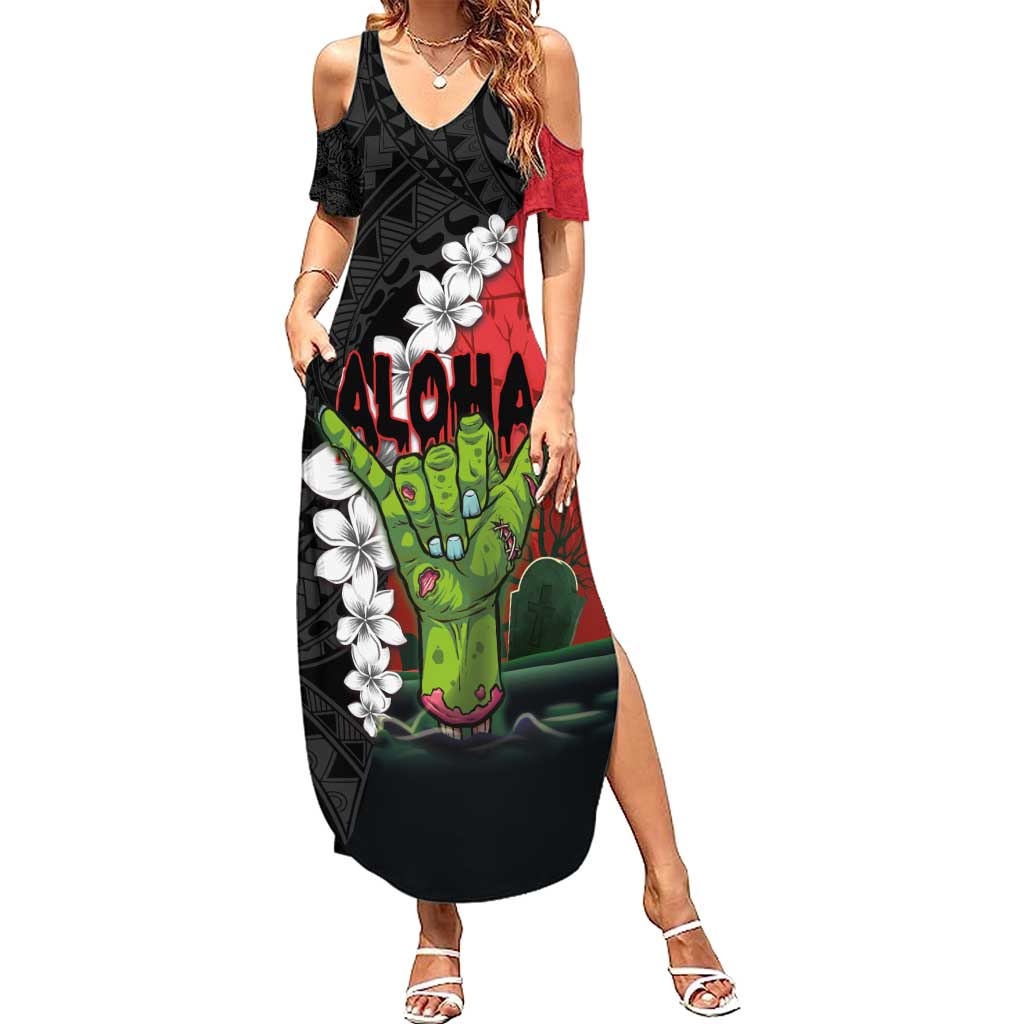 Hawaiian Halloween Family Matching Summer Maxi Dress and Hawaiian Shirt Horror Shaka Hand with Plumeria and Polynesian Tattoo Blood Color LT03 Mom's Dress Red - Polynesian Pride