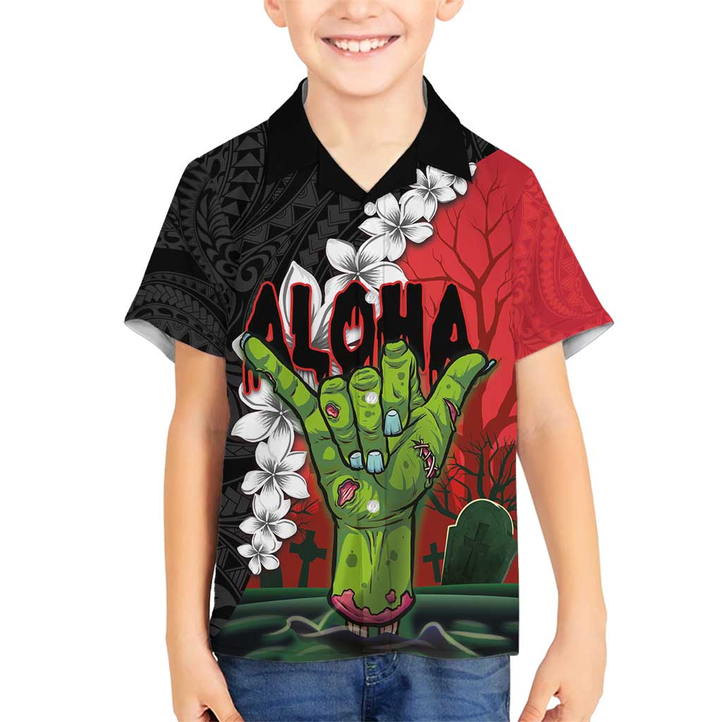 Hawaiian Halloween Family Matching Summer Maxi Dress and Hawaiian Shirt Horror Shaka Hand with Plumeria and Polynesian Tattoo Blood Color LT03 Son's Shirt Red - Polynesian Pride