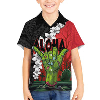 Hawaiian Halloween Family Matching Summer Maxi Dress and Hawaiian Shirt Horror Shaka Hand with Plumeria and Polynesian Tattoo Blood Color LT03 Son's Shirt Red - Polynesian Pride