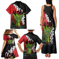 Hawaiian Halloween Family Matching Tank Maxi Dress and Hawaiian Shirt Horror Shaka Hand with Plumeria and Polynesian Tattoo Blood Color