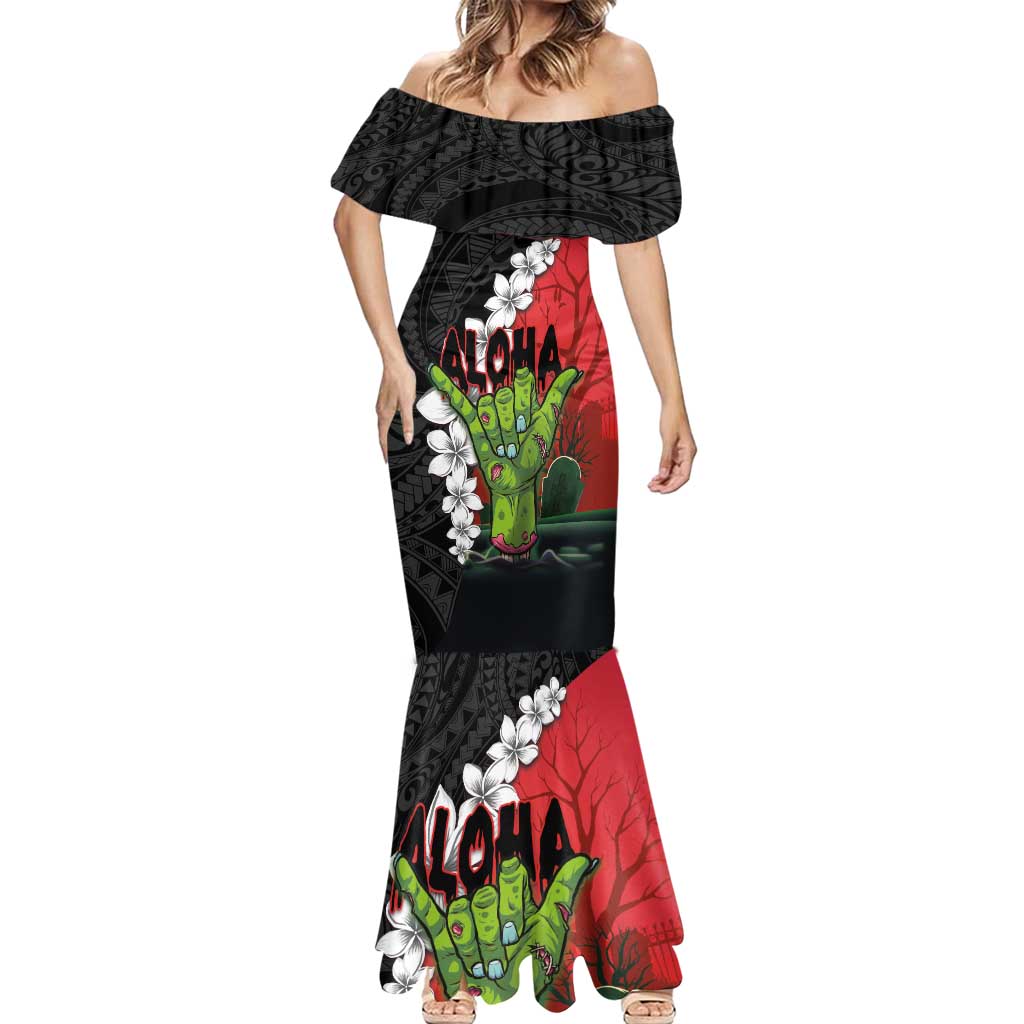 Hawaiian Halloween Mermaid Dress Horror Shaka Hand with Plumeria and Polynesian Tattoo Blood Color