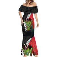 Hawaiian Halloween Mermaid Dress Horror Shaka Hand with Plumeria and Polynesian Tattoo Blood Color