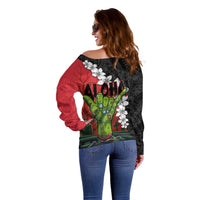 Hawaiian Halloween Off Shoulder Sweater Horror Shaka Hand with Plumeria and Polynesian Tattoo Blood Color