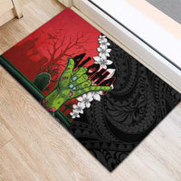 Hawaiian Halloween Rubber Doormat Horror Shaka Hand with Plumeria and Polynesian Tattoo Blood Color