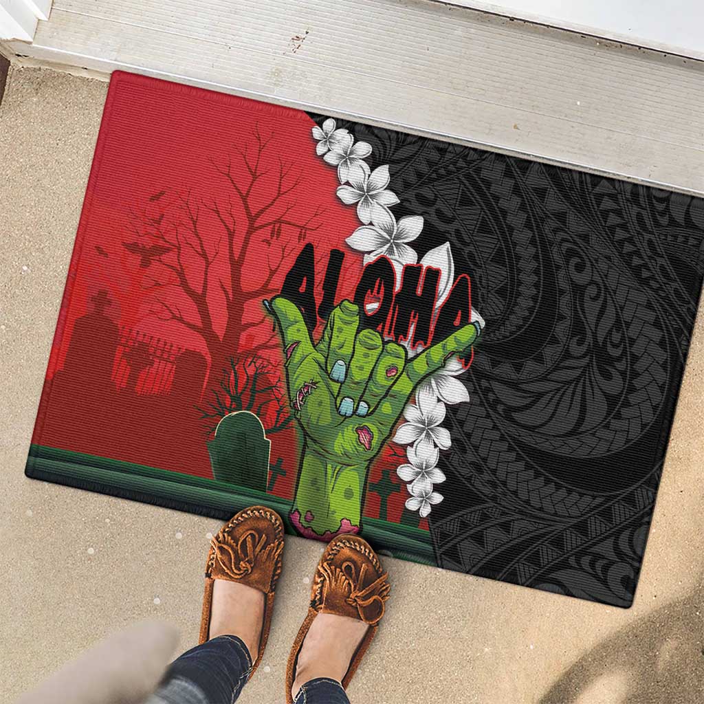 Hawaiian Halloween Rubber Doormat Horror Shaka Hand with Plumeria and Polynesian Tattoo Blood Color