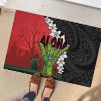 Hawaiian Halloween Rubber Doormat Horror Shaka Hand with Plumeria and Polynesian Tattoo Blood Color