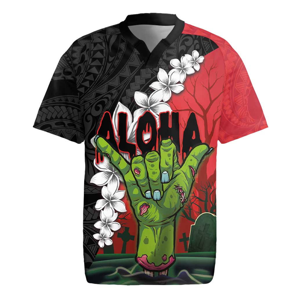 Hawaiian Halloween Rugby Jersey Horror Shaka Hand with Plumeria and Polynesian Tattoo Blood Color