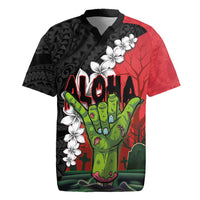 Hawaiian Halloween Rugby Jersey Horror Shaka Hand with Plumeria and Polynesian Tattoo Blood Color