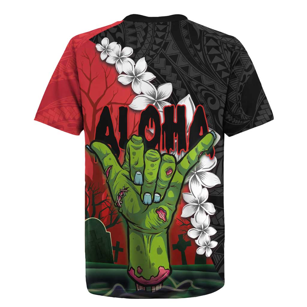 Hawaiian Halloween Rugby Jersey Horror Shaka Hand with Plumeria and Polynesian Tattoo Blood Color