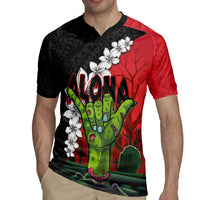 Hawaiian Halloween Rugby Jersey Horror Shaka Hand with Plumeria and Polynesian Tattoo Blood Color