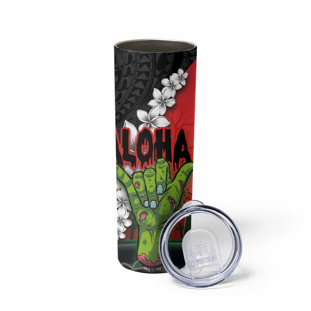 Hawaiian Halloween Skinny Tumbler Horror Shaka Hand with Plumeria and Polynesian Tattoo Blood Color