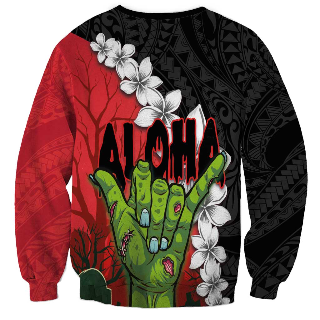 Hawaiian Halloween Sweatshirt Horror Shaka Hand with Plumeria and Polynesian Tattoo Blood Color LT03 - Polynesian Pride