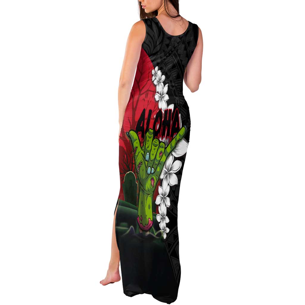 Hawaiian Halloween Tank Maxi Dress Horror Shaka Hand with Plumeria and Polynesian Tattoo Blood Color