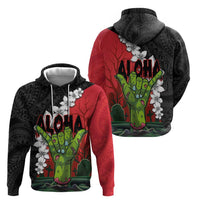 Hawaiian Halloween Zip Hoodie Horror Shaka Hand with Plumeria and Polynesian Tattoo Blood Color