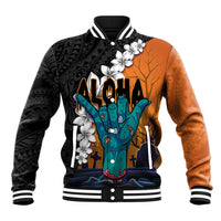 Hawaiian Halloween Baseball Jacket Horror Shaka Hand with Plumeria and Polynesian Tattoo Autumn Color