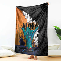 Hawaiian Halloween Blanket Horror Shaka Hand with Plumeria and Polynesian Tattoo Autumn Color