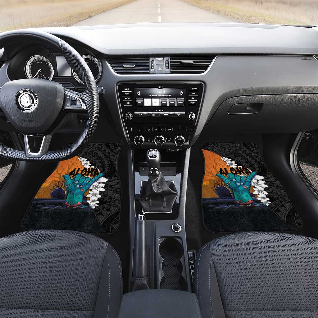 Hawaiian Halloween Car Mats Horror Shaka Hand with Plumeria and Polynesian Tattoo Autumn Color