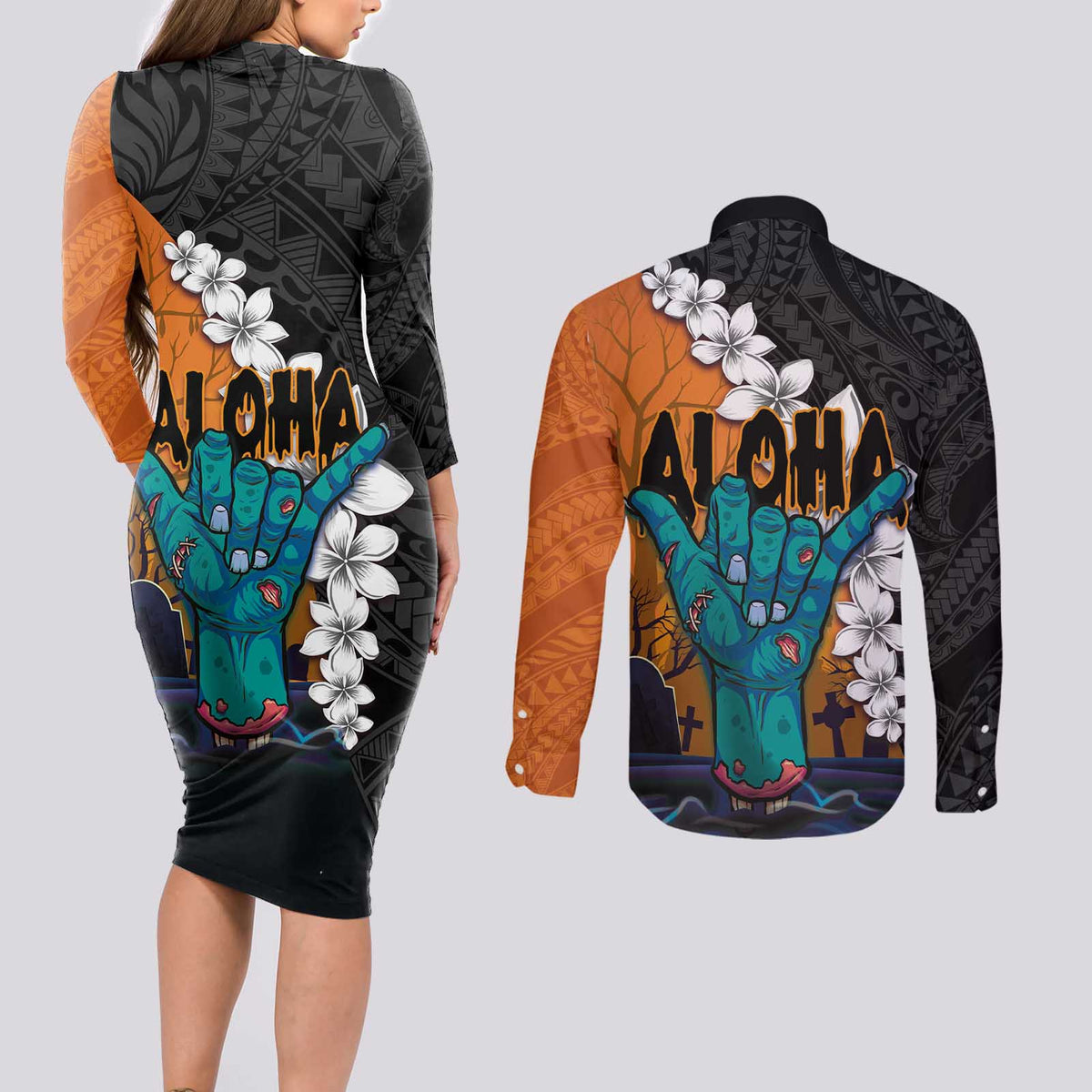 Hawaiian Halloween Couples Matching Long Sleeve Bodycon Dress and Long Sleeve Button Shirt Horror Shaka Hand with Plumeria and Polynesian Tattoo Autumn Color